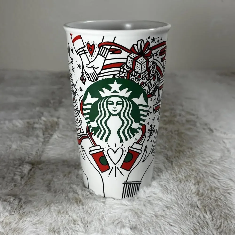 Starbucks Holiday Ceramic Travel Mug 12 oz Red White Green Tumbler w/ Lid